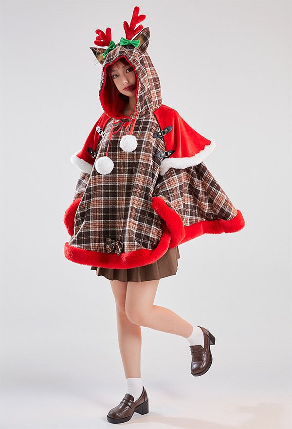 Weihnachten Christmas Umhang mit Kapuze Kawaii Gitter Schleife Elch Cape