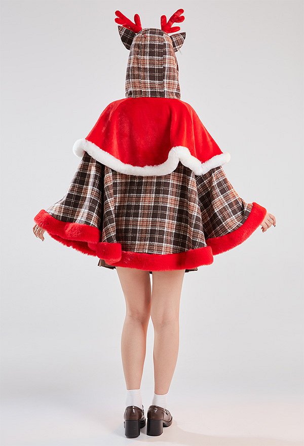 Weihnachten Christmas Umhang mit Kapuze Kawaii Gitter Schleife Elch Cape