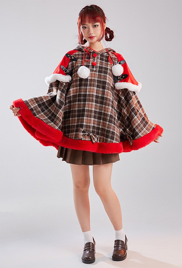 Weihnachten Christmas Umhang mit Kapuze Kawaii Gitter Schleife Elch Cape