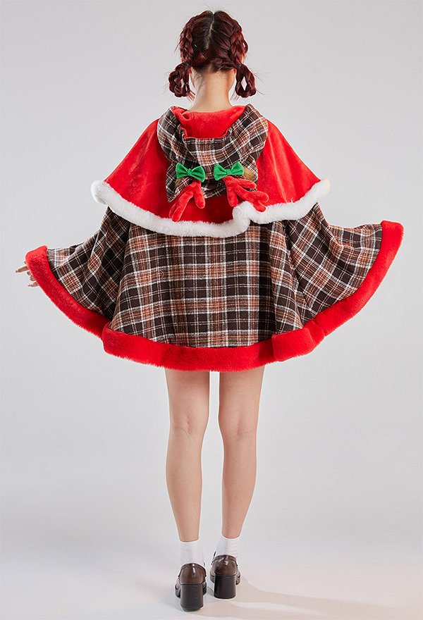 Weihnachten Christmas Umhang mit Kapuze Kawaii Gitter Schleife Elch Cape