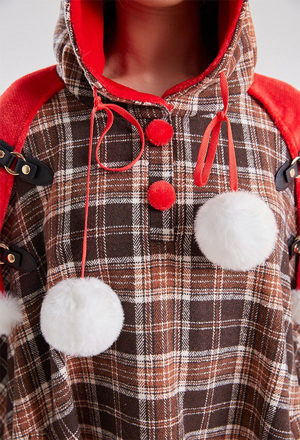 Weihnachten Christmas Umhang mit Kapuze Kawaii Gitter Schleife Elch Cape