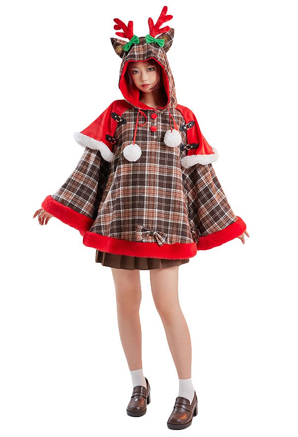 Weihnachten Christmas Umhang mit Kapuze Kawaii Gitter Schleife Elch Cape