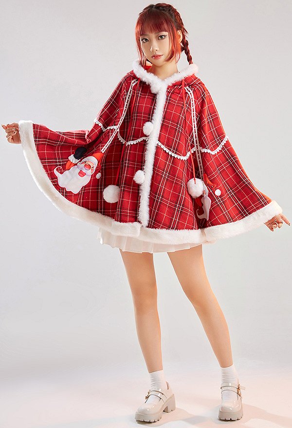 Cape de Noël à Capuche Santa Plaid Kawaii Manche Longue