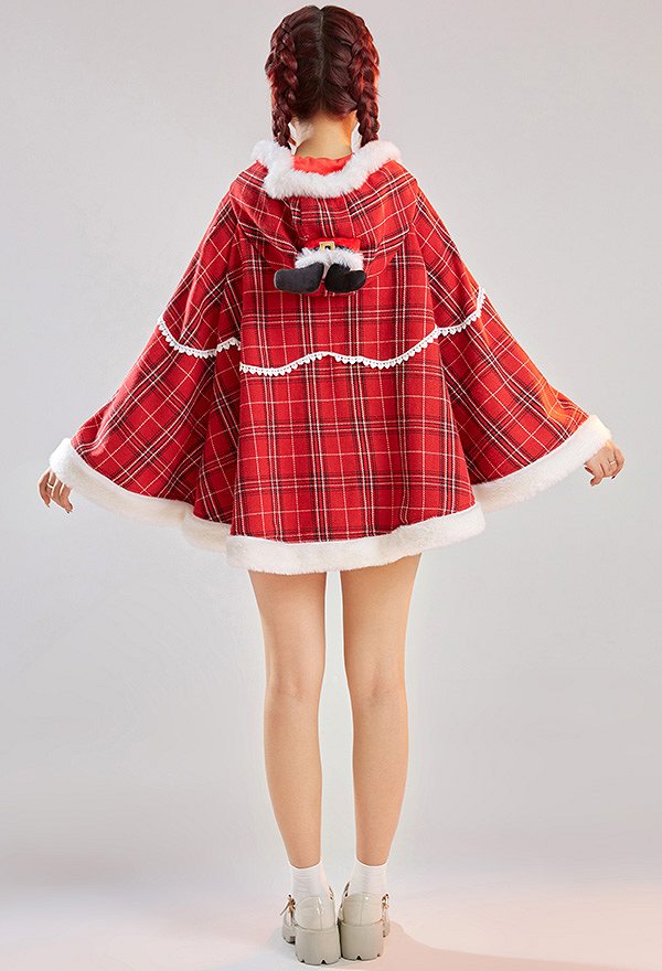 Cape de Noël à Capuche Santa Plaid Kawaii Manche Longue