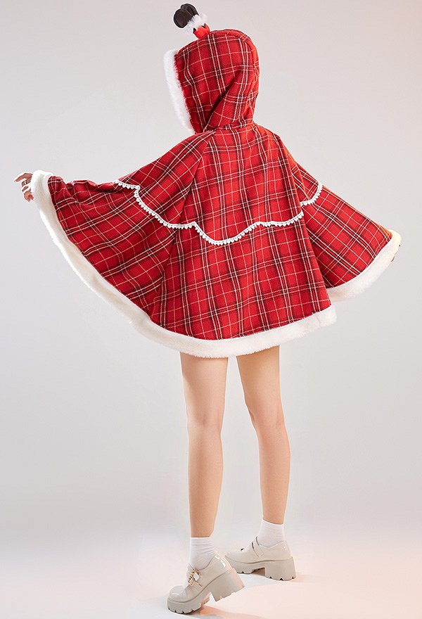 Cape de Noël à Capuche Santa Plaid Kawaii Manche Longue