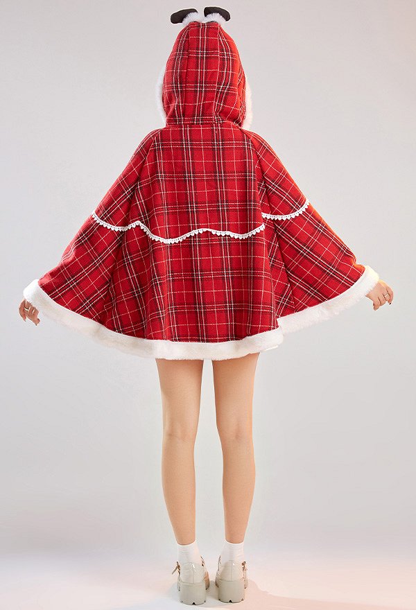 Cape de Noël à Capuche Santa Plaid Kawaii Manche Longue