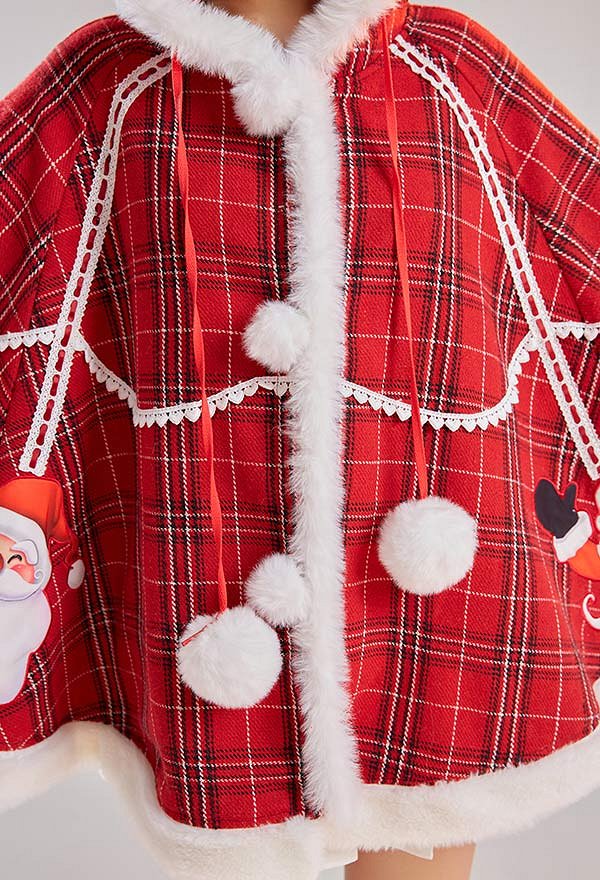 Cape de Noël à Capuche Santa Plaid Kawaii Manche Longue