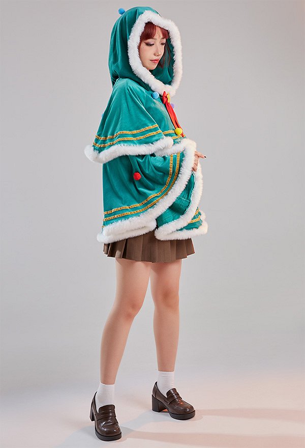 Weihnachten Christmas Umhang mit Kapuze Kawaii Weihnachtsbaum Grün Schleife Cape