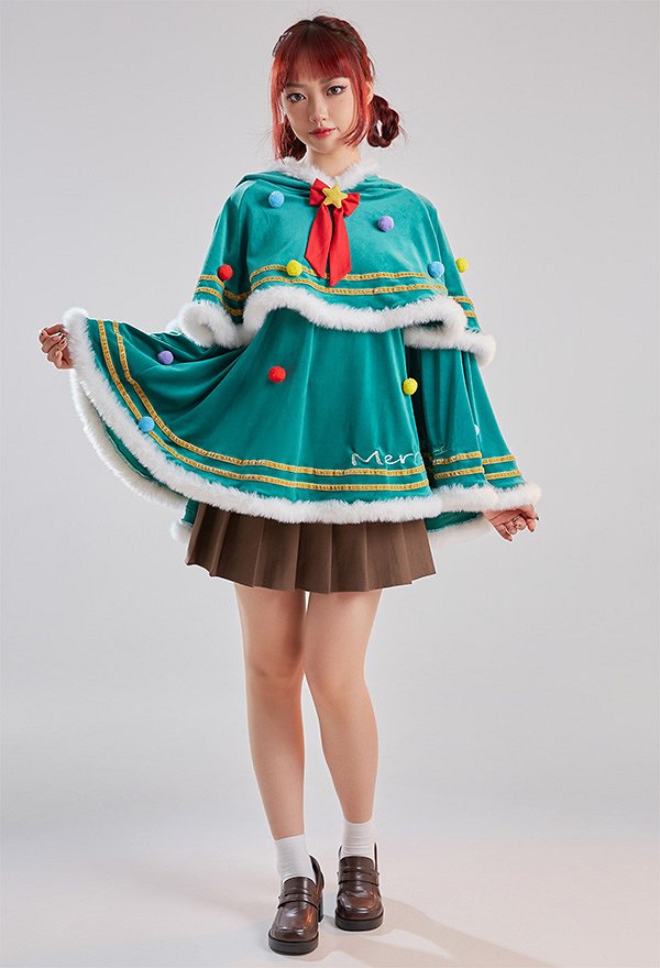 Weihnachten Christmas Umhang mit Kapuze Kawaii Weihnachtsbaum Grün Schleife Cape