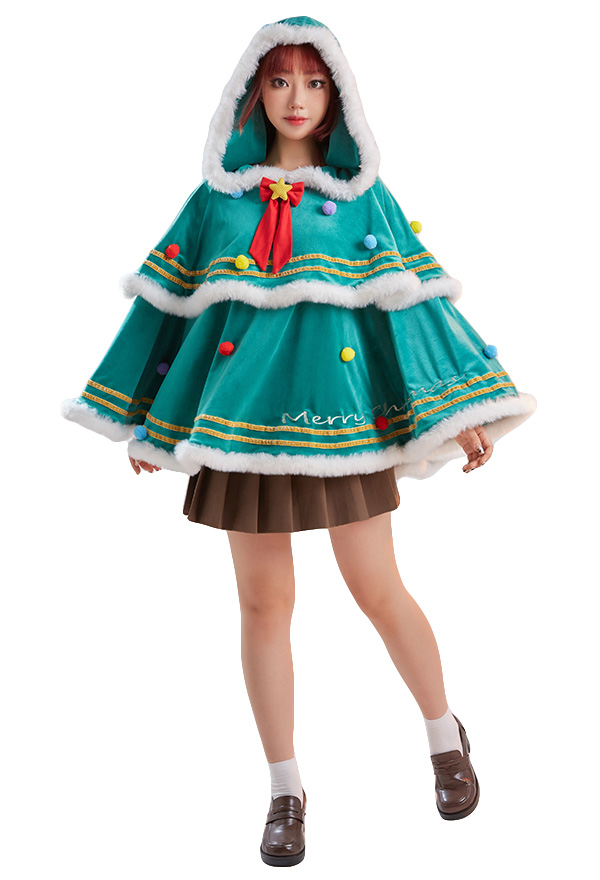 Cape à Capuche Femme Motif Sapin de Noël Poncho Manteau Cape Manche Longue