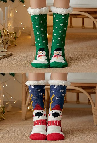 Christmas Women Kawaii Non Slip Socks Fuzzy Fleece-Lined Warm Floor Socks 2 Pairs