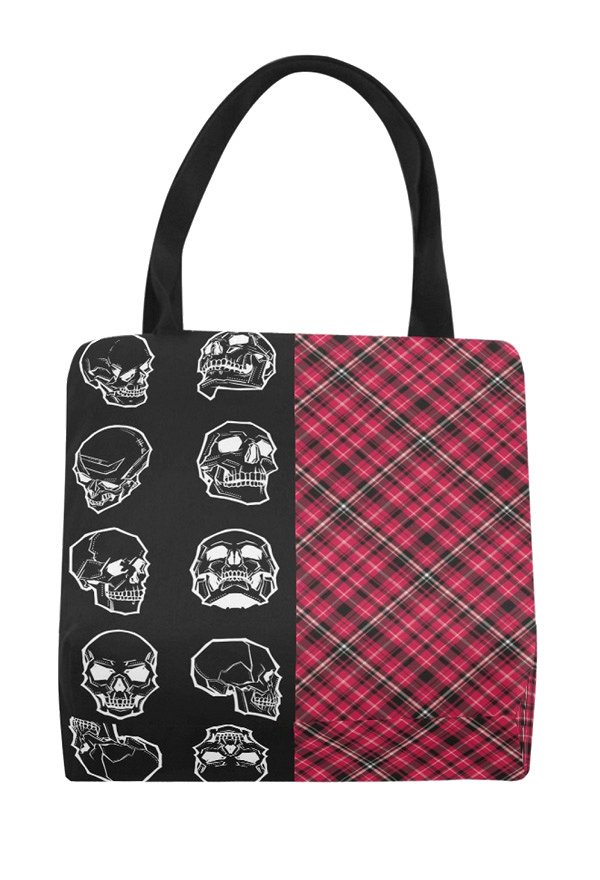 Gothic Canvas Bag with Half Plaid Half Skull Prints Beach Bag Tote Bag for Vacation Shopping