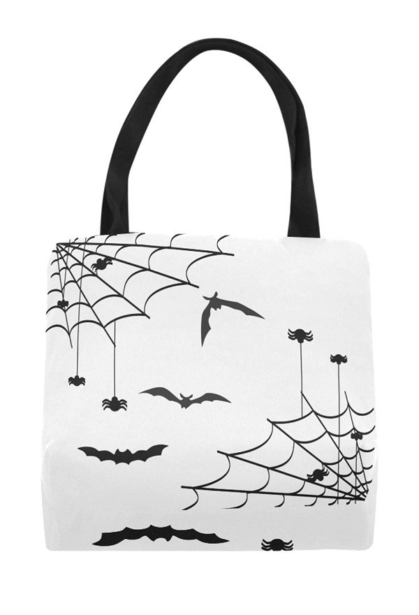 White Canvas Bag with Spiderweb Print Beach Bag Tote Bag for Vacation Shopping