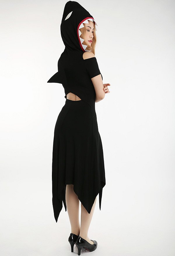 Black Women Shark Hooded Costume Witch Dress for Halloween