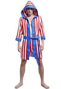 Adult Men American Flag Hooded Boxing Robe Dressing Gown Satin Bathrobe Costume