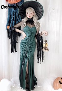 Cosbudget Sexy Dark Green Gothic Witch Devil Fishtail Dress Vampire Bride Tight Gown Dress for Halloween with Witch Hat