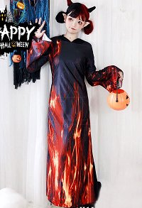 Dark Gothic Witch Dress Grim Reaper Flame Hooded Robe Hell Demon Cosplay Costume for Halloween and Party