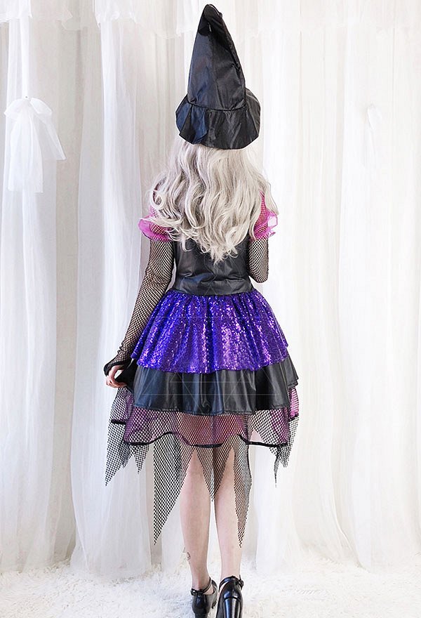 Little Witch Gothic Lolita Dress Shining Fishnet Devil Vampire Bride Cosplay Costume Chest Open for Halloween with Hat
