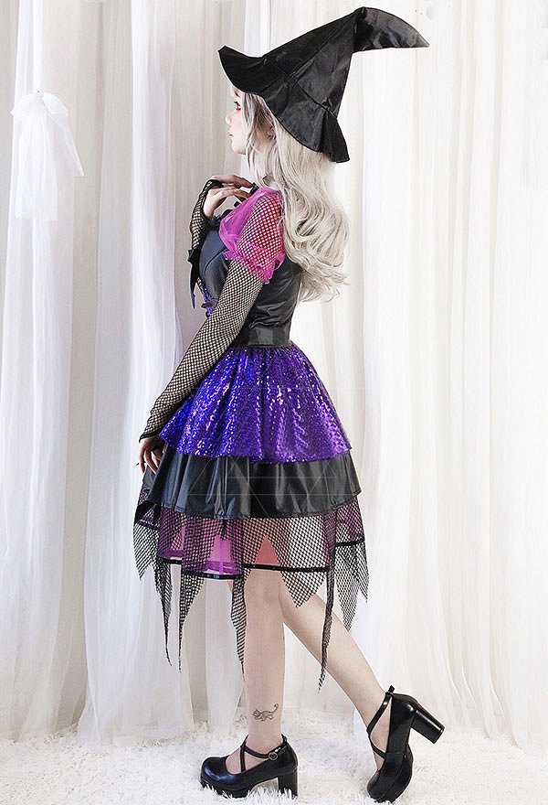 Little Witch Gothic Lolita Dress Shining Fishnet Devil Vampire Bride Cosplay Costume Chest Open for Halloween with Hat