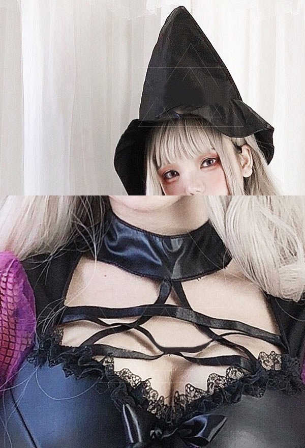 Little Witch Gothic Lolita Dress Shining Fishnet Devil Vampire Bride Cosplay Costume Chest Open for Halloween with Hat