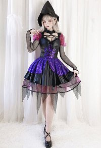 Little Witch Gothic Lolita Dress Shining Fishnet Devil Vampire Bride Cosplay Costume Chest Open for Halloween with Hat