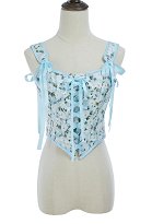 Renaissance médiévale - Corset - Top 16ème siècle à motifs floraux - Camisole à lacets - Bustier désossé - Rubans bleus