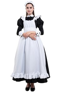 Gothic Victorian Fancy Maid Dress Retro Style Black and White Ruffle Decorated Servant Long Dress Halloween Costume