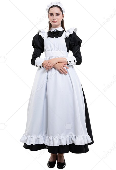 Classic Maid Uniform Langes Kleid Cosplay Kostüm mit Katyusha und Petticoat