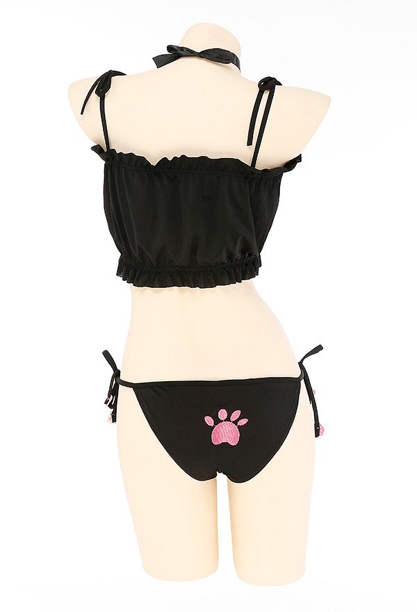 Lencería Sexy de Gato para Mujer Bordado en el Pecho Abierto de Cerradura Lencería de Dos Piezas