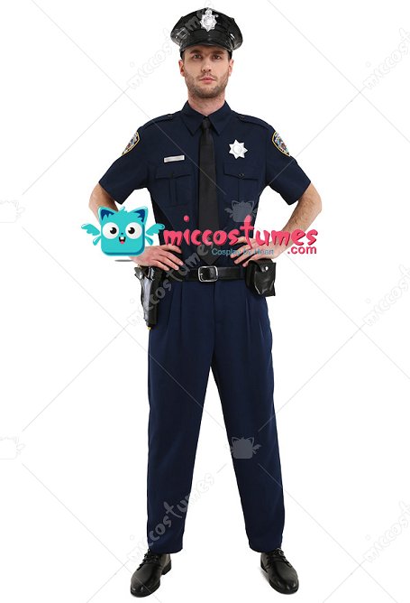 Erwachsene Polizei Kostüm Dunkelblau Kurzarm Uniform für Herren mit Hut