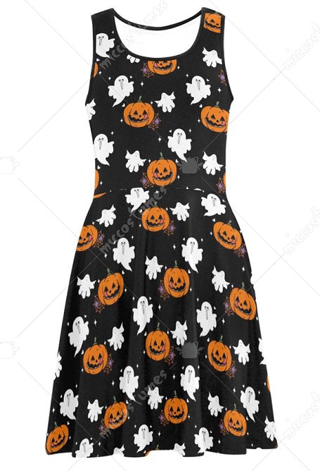 Femme Robe Halloween Noire Motif Fantôme Citrouille Style A-Line Robe pour Plage