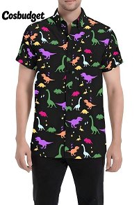 Cosbudget Men Casual Shirts Dinosaur Prints Button Down Short Sleeve Shirts