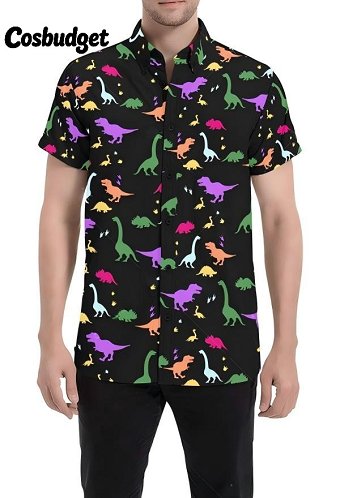 Cosbudget Men Casual Shirts Dinosaur Prints Button Down Short Sleeve Shirts