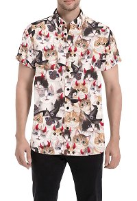 Halloween Men Casual Shirts Demon Cat Prints Button Down Short Sleeve Shirts