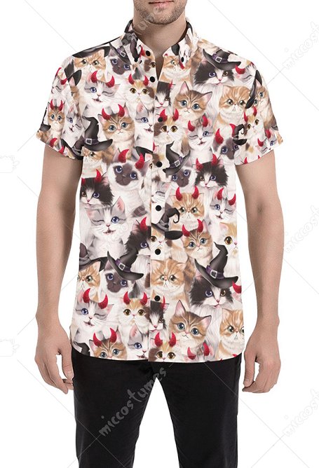 Halloween Katze Dämon Herren Hemd Button Kurzarm Hemd