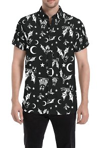 Halloween Men Casual Shirts Bats Prints Button Down Short Sleeve Shirts