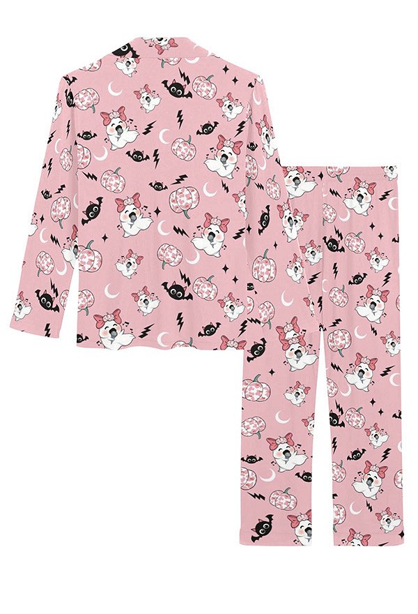 Halloween Women Nightwear Ghost Pumpkin Prints Long Sleeve and Pants 2 Piece Pajama