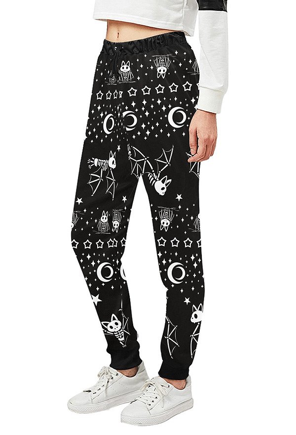 Halloween Pantalon de survêtement Moon Bat Prints Sweatpants avec poches