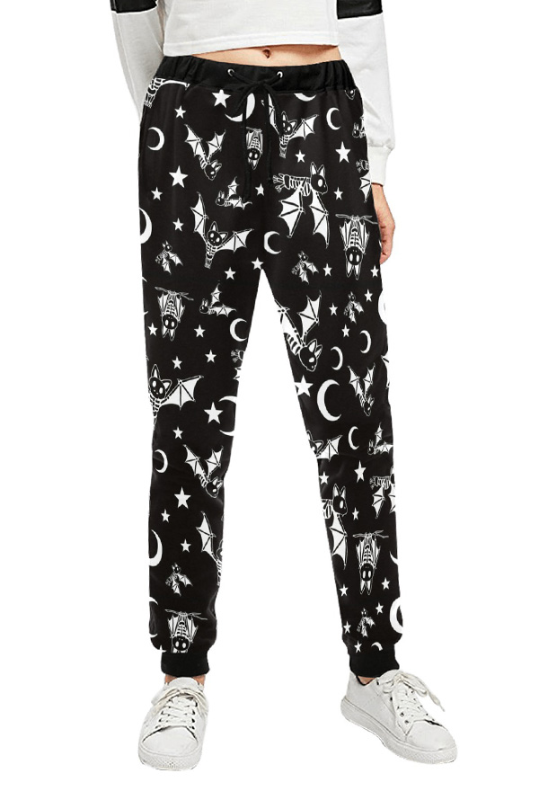Halloween Track Pants Bat Skeleton Prints Sweatpants with Pockets