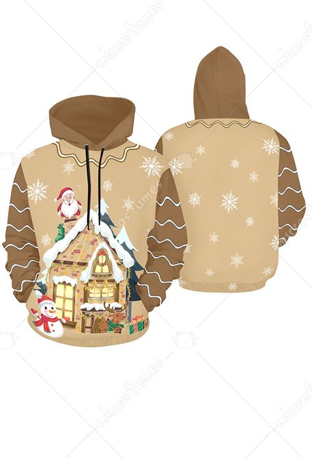 Christmas Casual Hoodies Christmas House Prints Women Pullover Brown Sweatshirts with Pocket
