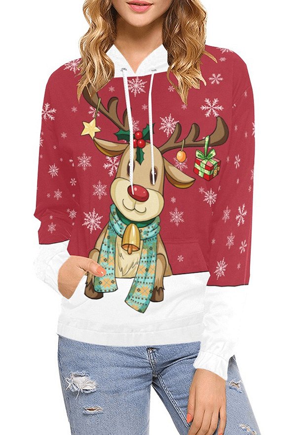 Christmas Casual Hoodies Reindeer Prints Women Pullover Red Sweatshirts with Pocket