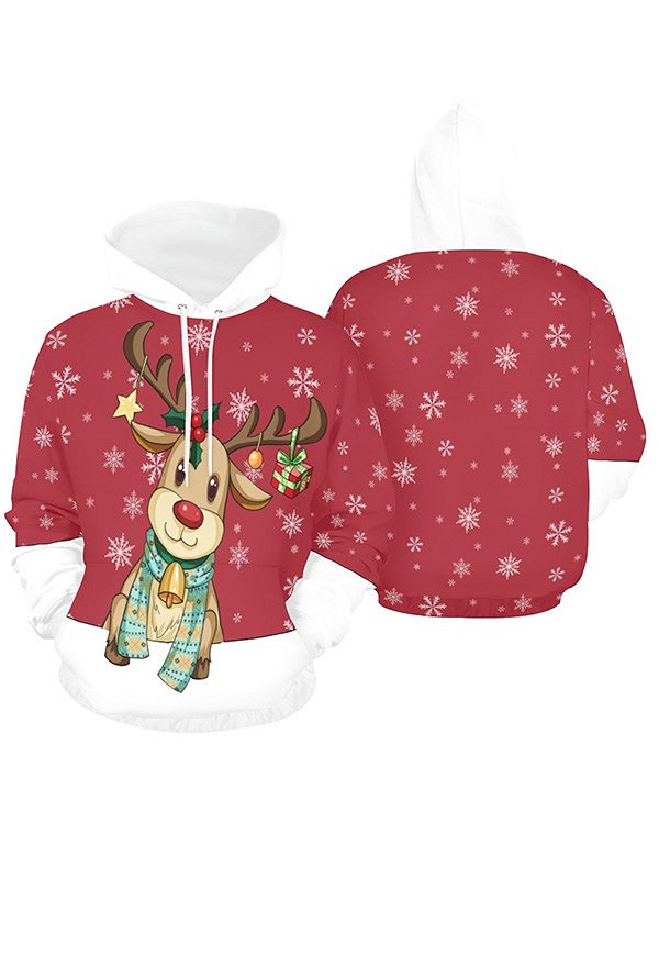 Christmas Casual Hoodies Reindeer Prints Women Pullover Red Sweatshirts with Pocket