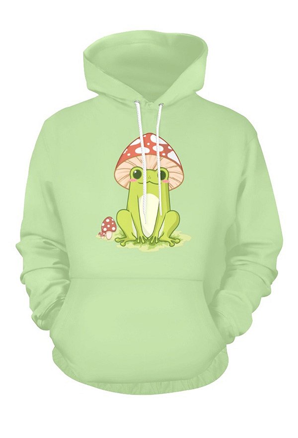 Hoodie Casual Imprimé Grenouille pour Femmes Pull Vert Sweatshirts avec poche