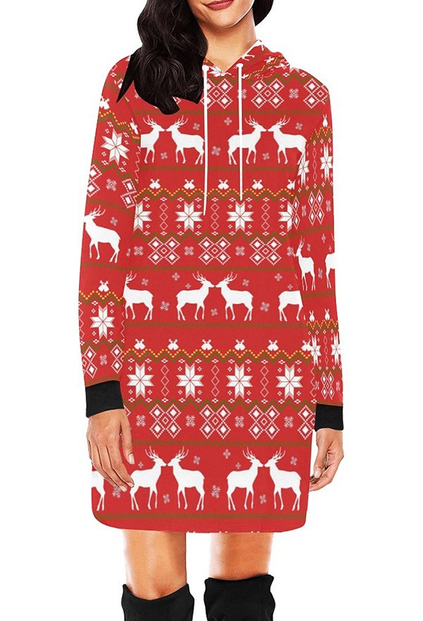 Christmas Women Pullover Hoodie Dress Reindeer Mosaic Prints Long Sleeve Red Sweatshirt