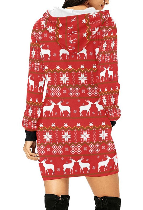 Christmas Women Pullover Hoodie Dress Reindeer Mosaic Prints Long Sleeve Red Sweatshirt