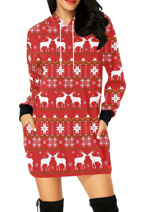 Christmas Women Pullover Hoodie Dress Reindeer Mosaic Prints Long Sleeve Red Sweatshirt