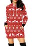 Christmas Women Pullover Hoodie Dress Reindeer Mosaic Prints Long Sleeve Red Sweatshirt