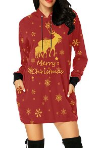 Merry Christmas Women Pullover Hoodie Dress Reindeer Prints Long Sleeve Red Sweatshirt