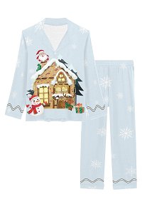 Women Nightwear Christmas House Prints Long Sleeve Blue Pajama 2 Piece