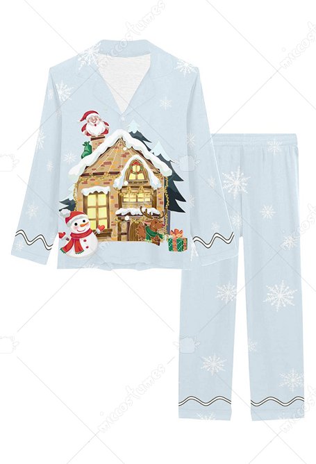 Women Nightwear Christmas House Prints Long Sleeve Blue Pajama 2 Piece